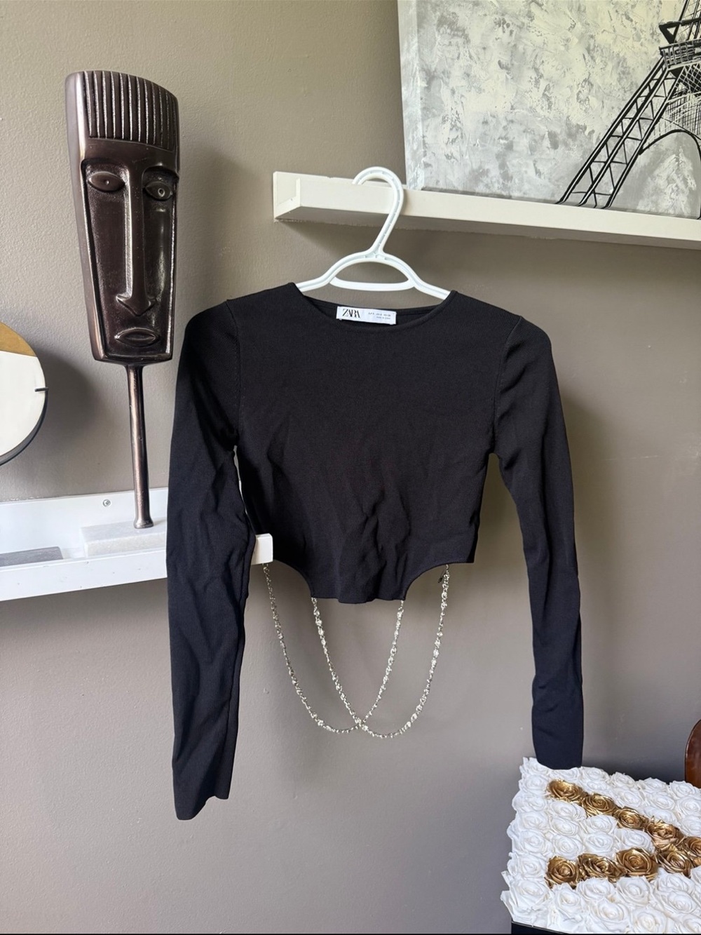 Zara Black Long-Sleeve Cropped Top with Silver Chain Detail